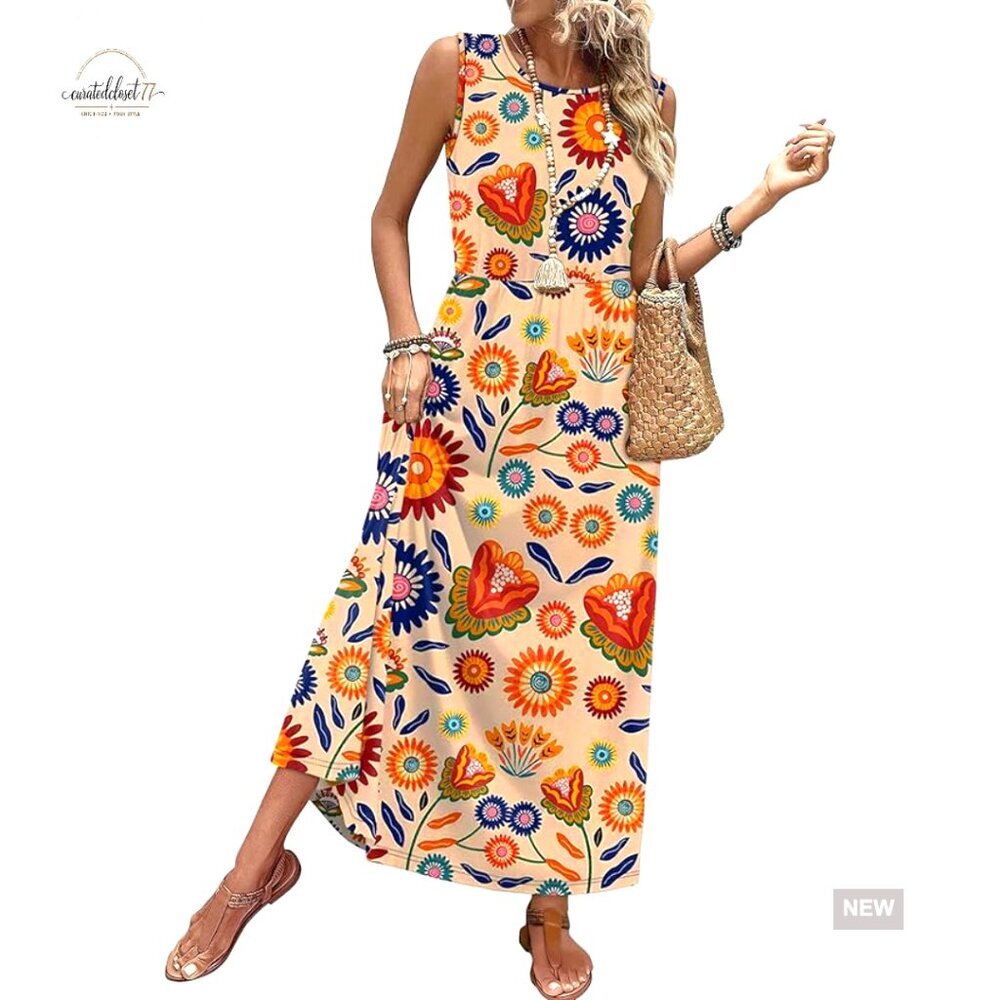 Maxi Sundress with Pockets, Sleeveless A-Line, Lightweight Polyester Blend